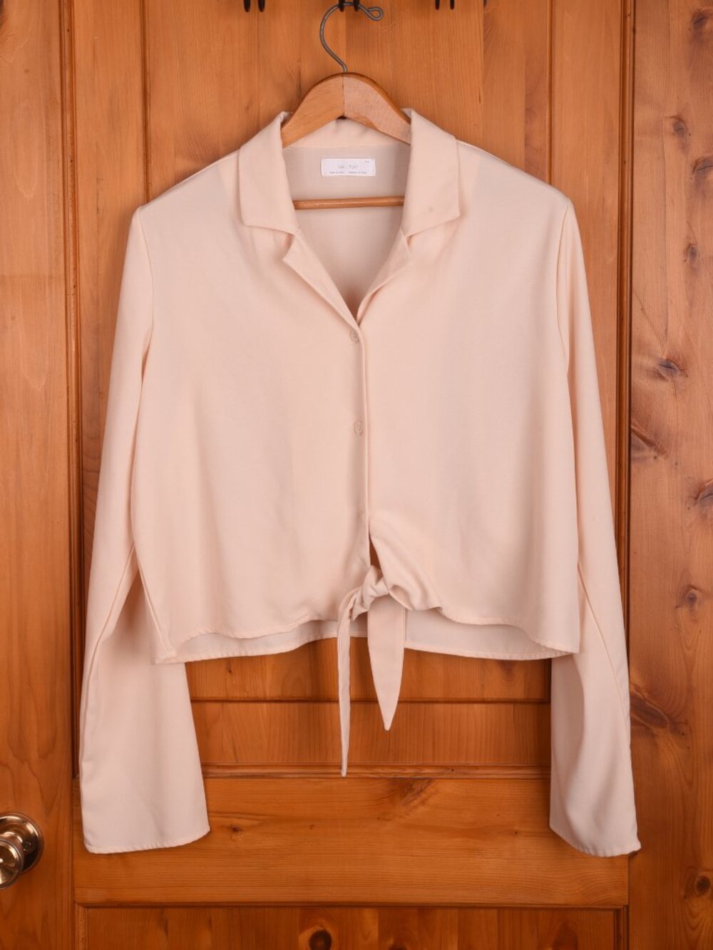 OAK + FORT Cropped Tie-Front Blouse Crepe Cream Tan Medium
